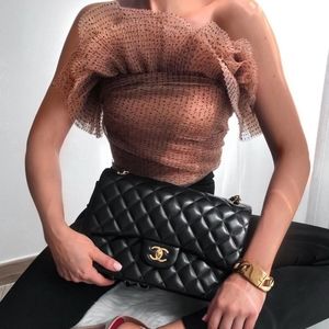 NWT ZARA | Tulle Ruffle Organza Crop Top Tan Black Polka Dot Sz XS 7448/592